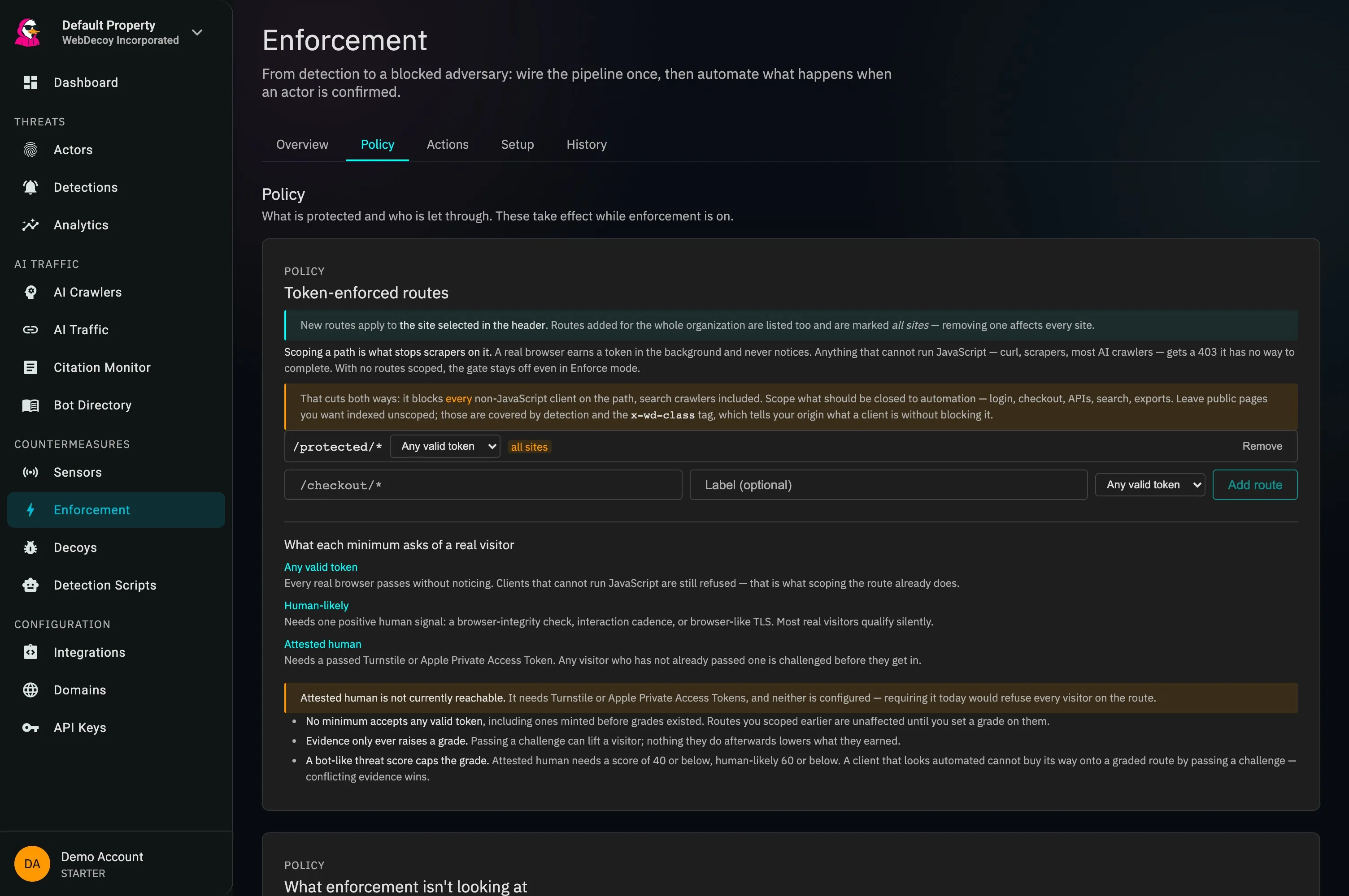WebDecoy Enforcement policy page showing route scope and the minimum trust required from a visitor