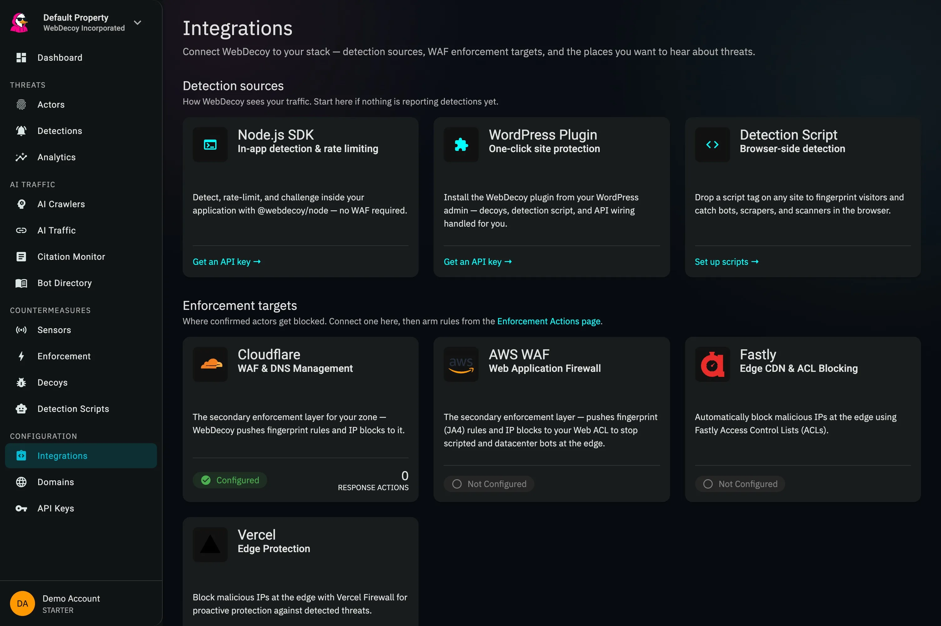 WebDecoy Integrations page grouping detection sources and enforcement targets
